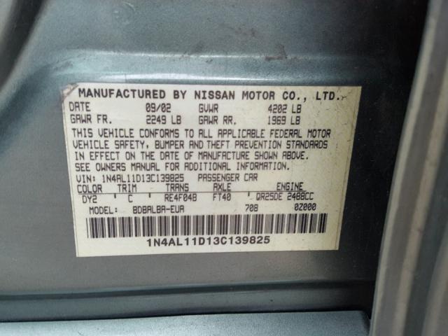 1N4AL11D13C139825 - 2003 NISSAN ALTIMA BAS GREEN photo 10