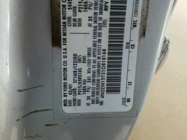 4N2ZN15T51D818168 - 2001 NISSAN QUEST GXE SILVER photo 10