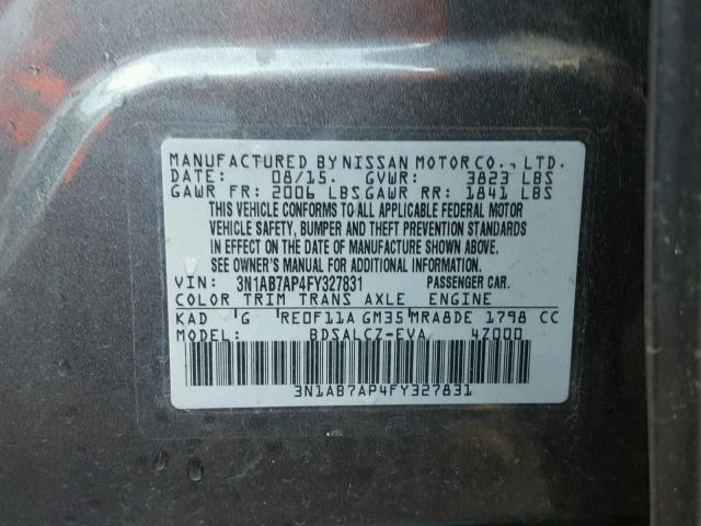 3N1AB7AP4FY327831 - 2015 NISSAN SENTRA S GRAY photo 10