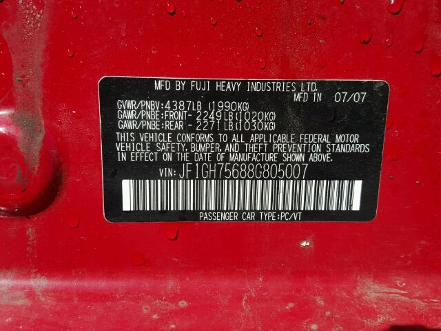 JF1GH75688G805007 - 2008 SUBARU IMPREZA WR RED photo 10