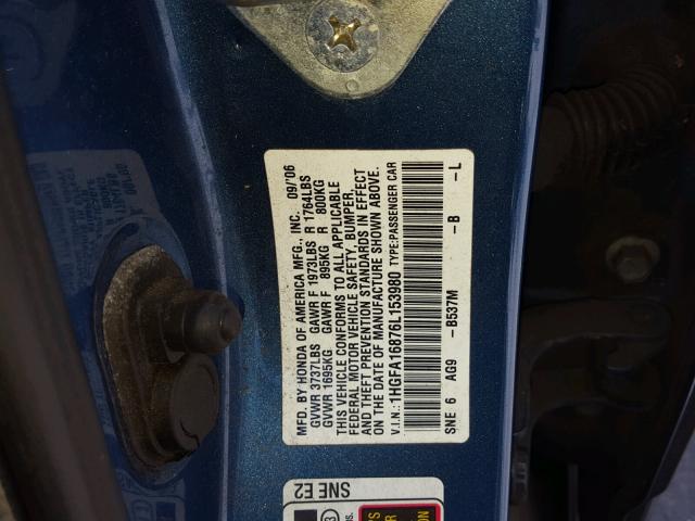 1HGFA16876L153980 - 2006 HONDA CIVIC EX Mavi foto 10