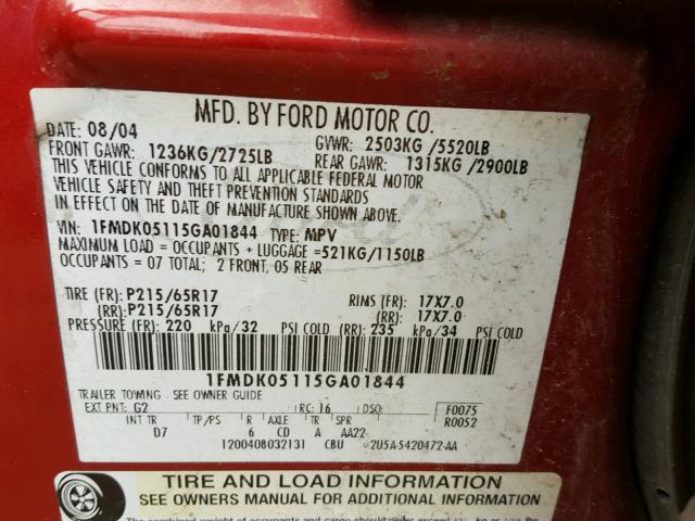 1FMDK05115GA01844 - 2005 FORD FREESTYLE RED photo 10