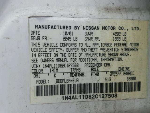 1N4AL11D82C127508 - 2002 NISSAN ALTIMA BAS WHITE photo 10