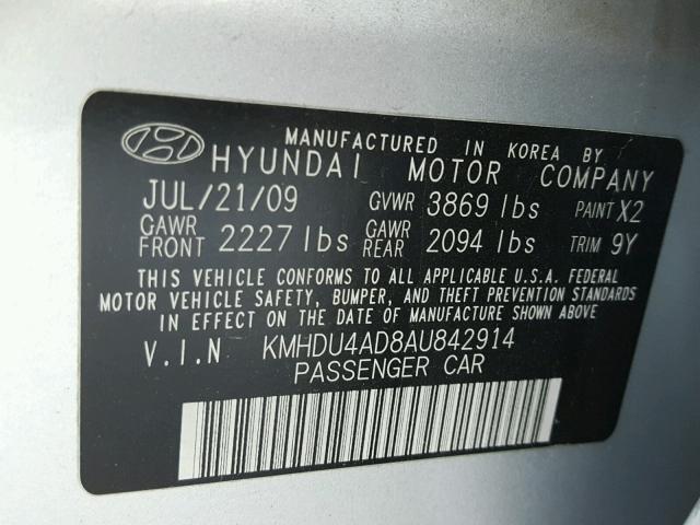 KMHDU4AD8AU842914 - 2010 HYUNDAI ELANTRA BL SILVER photo 10