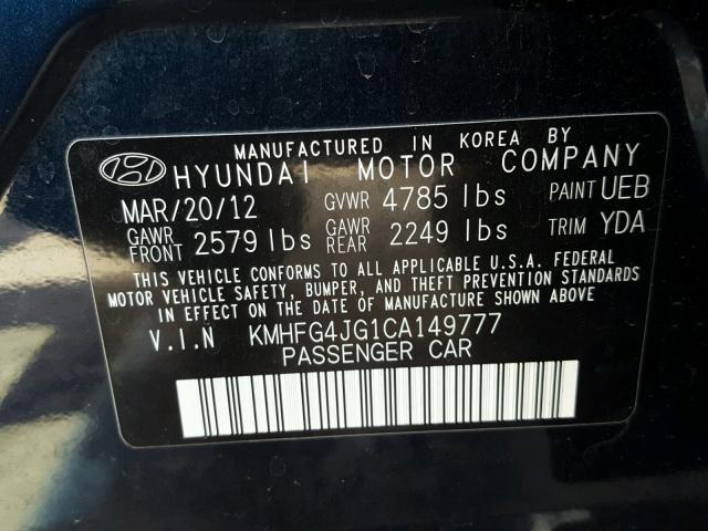 KMHFG4JG1CA149777 - 2012 HYUNDAI AZERA BLUE photo 10