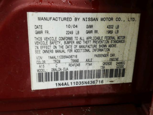 1N4AL11D35N436716 - 2005 NISSAN ALTIMA S RED photo 10