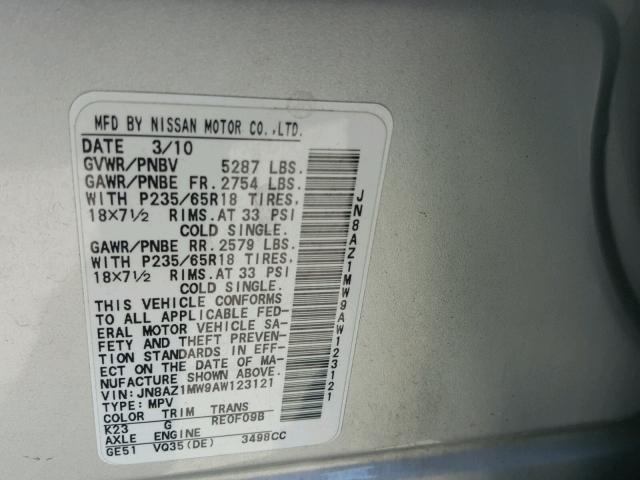 JN8AZ1MW9AW123121 - 2010 NISSAN MURANO S SILVER photo 10