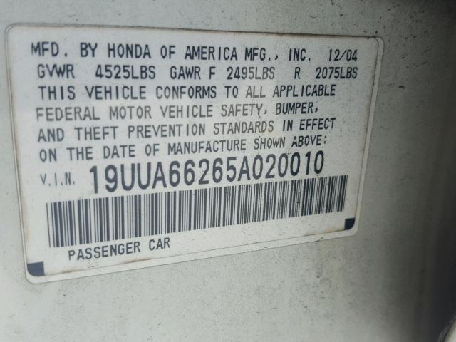 19UUA66265A020010 - 2005 ACURA TL WHITE photo 10