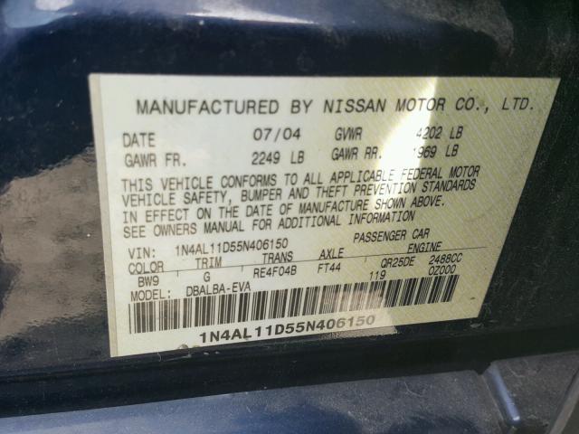 1N4AL11D55N406150 - 2005 NISSAN ALTIMA S BLUE photo 10