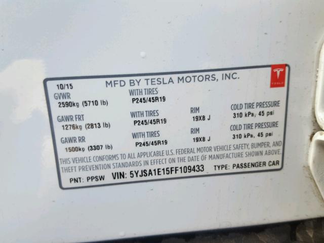 5YJSA1E15FF109433 - 2015 TESLA MODEL S WHITE photo 10