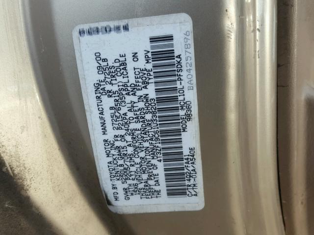 4T3ZF19C61U338203 - 2001 TOYOTA SIENNA CE TAN photo 10