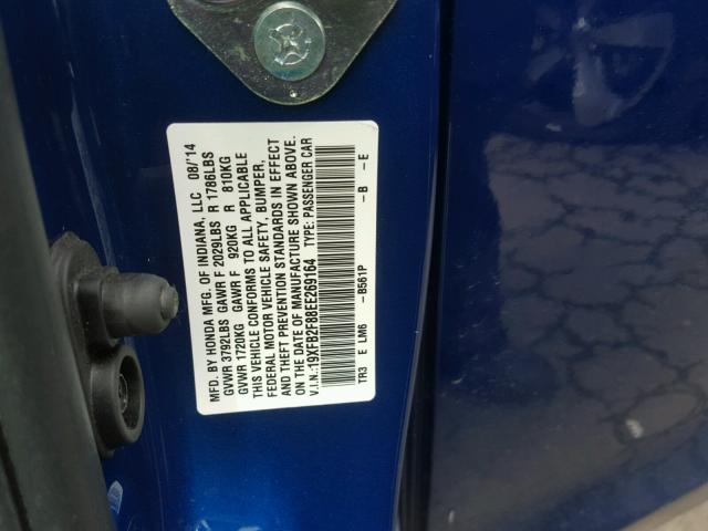 19XFB2F88EE269164 - 2014 HONDA CIVIC EX BLUE photo 10