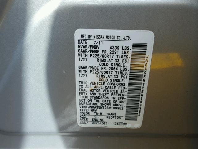 JN8AS5MT2BW189982 - 2011 NISSAN ROGUE S SILVER photo 10