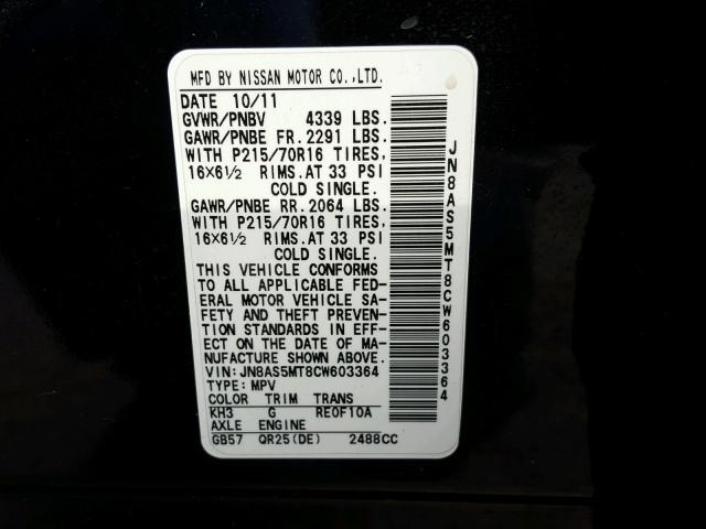 JN8AS5MT8CW603364 - 2012 NISSAN ROGUE S BLACK photo 10