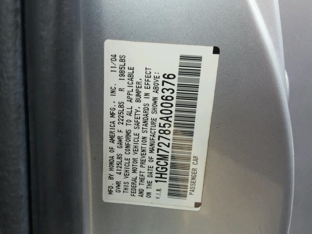 1HGCM72785A006376 - 2005 HONDA ACCORD EX SILVER photo 10