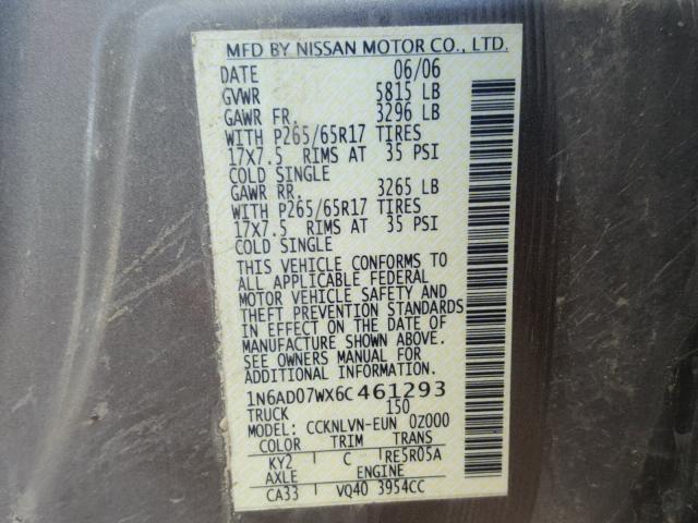 1N6AD07WX6C461293 - 2006 NISSAN FRONTIER C GOLD photo 10