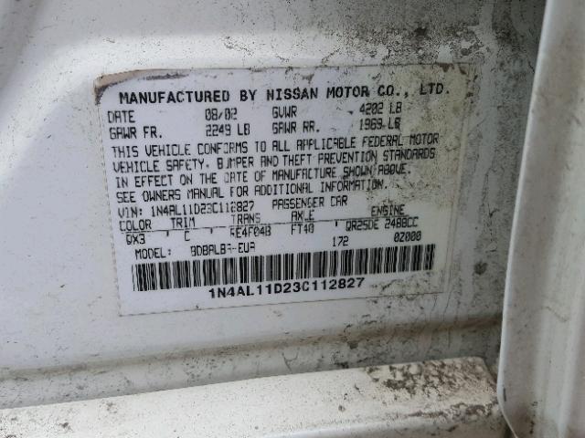 1N4AL11D23C112827 - 2003 NISSAN ALTIMA BAS WHITE photo 10