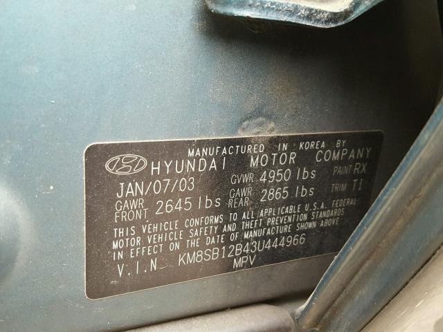 KM8SB12B43U444966 - 2003 HYUNDAI SANTA FE G TEAL photo 10