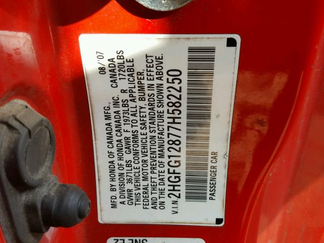 2HGFG12877H582250 - 2007 HONDA CIVIC EX წითელი ფოტო 10