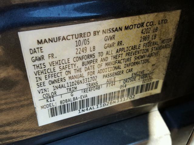 1N4AL11D26N331702 - 2006 NISSAN ALTIMA S GRAY photo 10