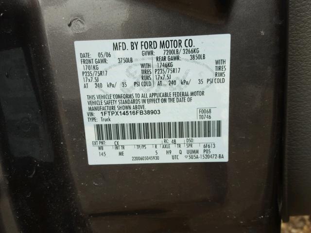 1FTPX14516FB38903 - 2006 FORD F150 GRAY photo 10