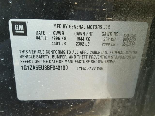 1G1ZA5EU8BF343130 - 2011 CHEVROLET MALIBU LS შავი ფოტო 10