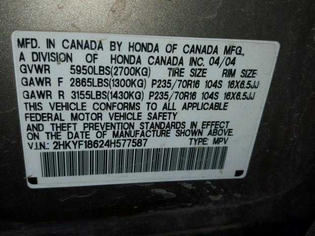 2HKYF18624H577587 - 2004 HONDA PILOT EXL GOLD photo 10