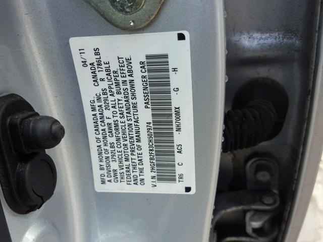 2HGFB2F83CH507974 - 2012 HONDA CIVIC EX SILVER photo 10