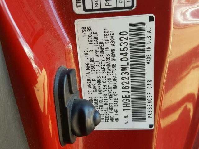 1HGEJ6223WL045320 - 1998 HONDA CIVIC DX RED photo 10