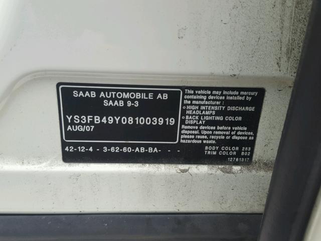 YS3FB49Y081003919 - 2008 SAAB 9-3 2.0T WHITE photo 10