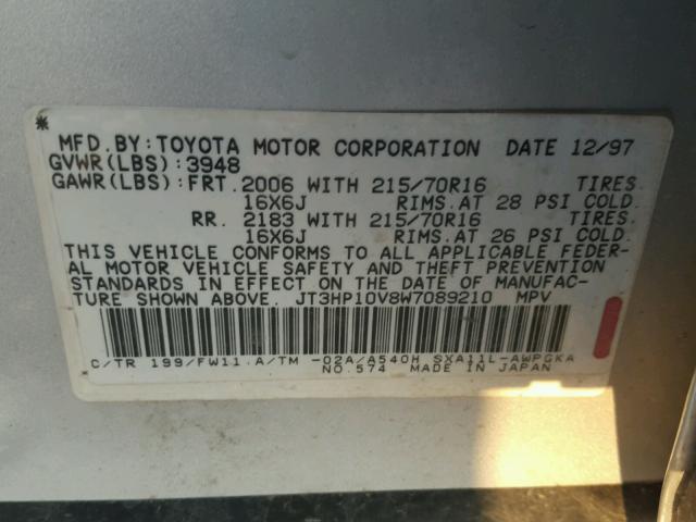 JT3HP10V8W7089210 - 1998 TOYOTA RAV4 SILVER photo 10