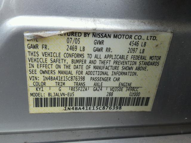 1N4BA41E15C876398 - 2005 NISSAN MAXIMA SE SILVER photo 10