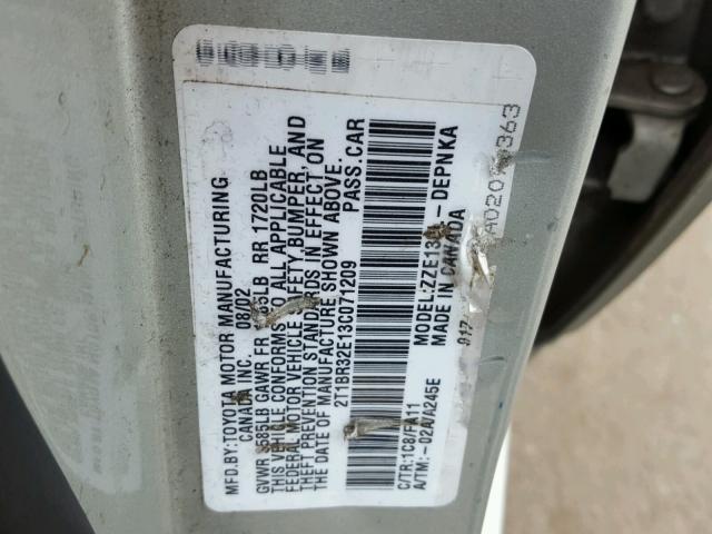 2T1BR32E13C071209 - 2003 TOYOTA COROLLA CE SILVER photo 10