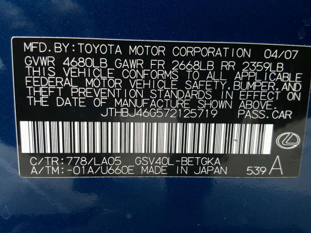 JTHBJ46G572125719 - 2007 LEXUS ES 350 BLUE photo 10