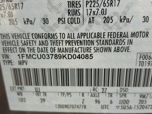 1FMCU03789KD04085 - 2009 FORD ESCAPE XLT GRAY photo 10