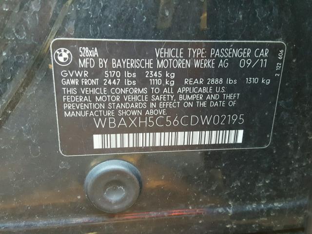 WBAXH5C56CDW02195 - 2012 BMW 528 XI BLACK photo 10