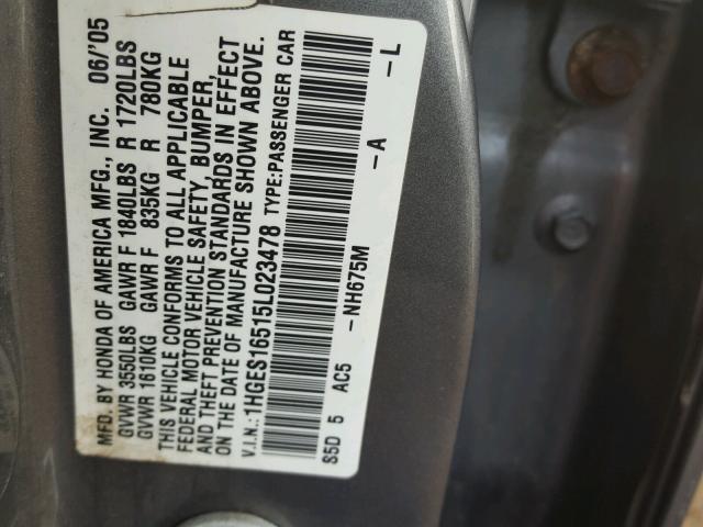 1HGES16515L023478 - 2005 HONDA CIVIC LX GRAY photo 10