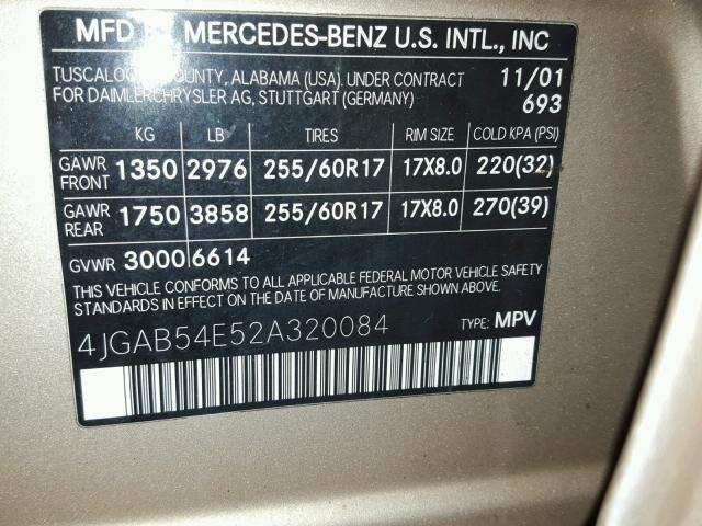 4JGAB54E52A320084 - 2002 MERCEDES-BENZ ML 320 GOLD photo 10