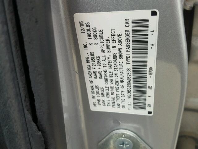 1HGCM56456A062538 - 2006 HONDA ACCORD LX SILVER photo 10