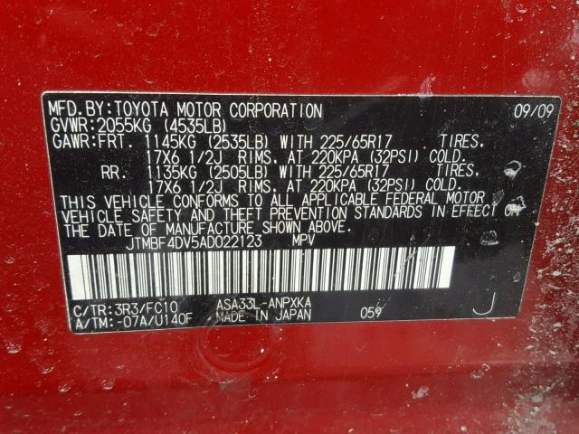 JTMBF4DV5AD022123 - 2010 TOYOTA RAV4 RED photo 10