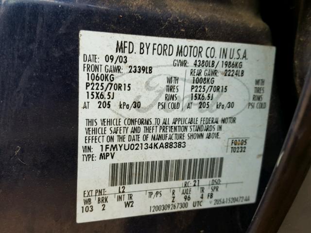 1FMYU02134KA88383 - 2004 FORD ESCAPE XLS BLUE photo 10