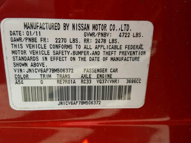 JN1CV6AP7BM506372 - 2011 INFINITI G37 BASE RED photo 10