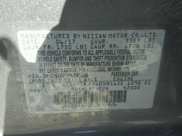 3N1CN7AP1HL895826 - 2017 NISSAN VERSA S GRAY photo 10