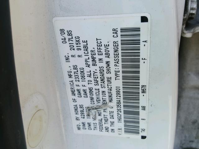 1HGCP26358A129901 - 2008 HONDA ACCORD LX WHITE photo 10