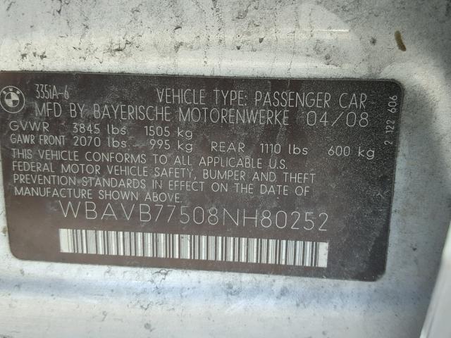 WBAVB77508NH80252 - 2008 BMW 335 I SILVER photo 10