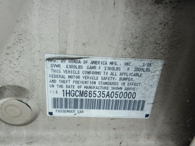 1HGCM66535A050000 - 2005 HONDA ACCORD EX GOLD photo 10