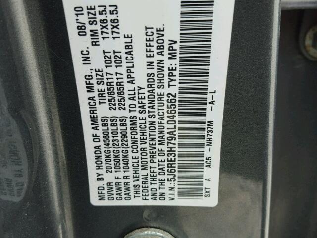 5J6RE3H79AL046562 - 2010 HONDA CR-V EXL GRAY photo 10