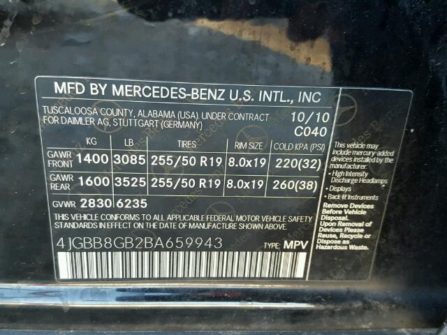 4JGBB8GB2BA659943 - 2011 MERCEDES-BENZ ML 350 4MA BLACK photo 10