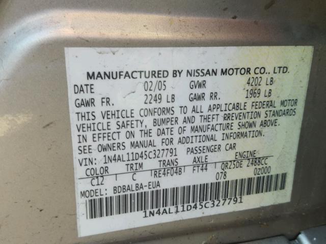 1N4AL11D45C327791 - 2005 NISSAN ALTIMA S GOLD photo 10