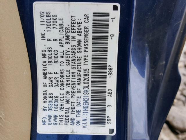 1HGEM219X3L020845 - 2003 HONDA CIVIC EX ლურჯი ფოტო 10